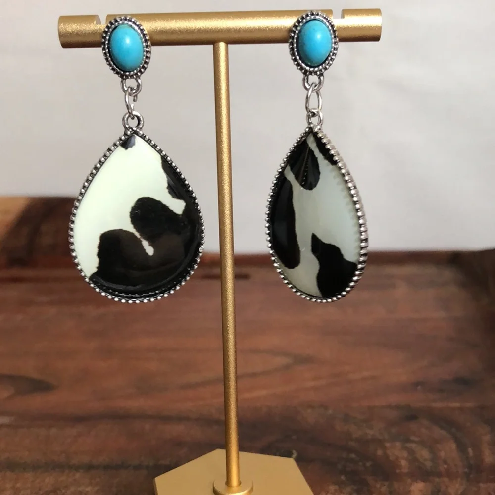 Women’s Boho Silver Plated Faux Turquoises Water Drop Cow Print Pattern Earrings